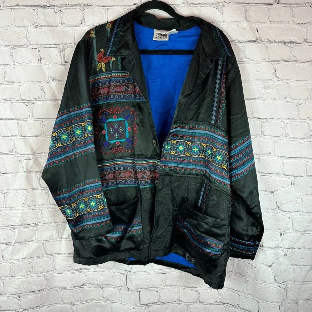 vintage Chico's design silk colorful boho oversized jacket size 2 (large 12)